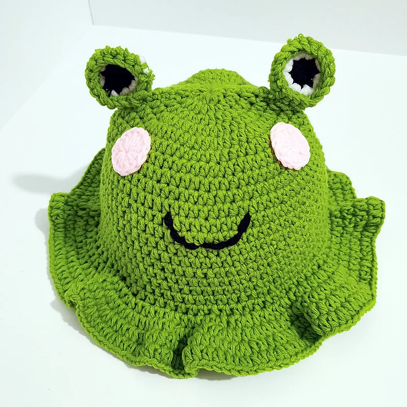 

New Cute Adult Women Hand Woven Frog Hat Fashion Ruffled Pullover Hat Hip Hop Role Playing Daily Casual Breathable Fisherman Hat