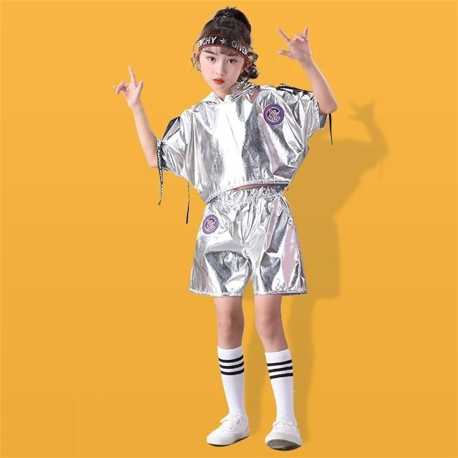 Fashion Boys Hip-hop Set Girl Silver Color Jazz Dance Costume Children Performance Clothes Dance Costume Cool Rave Outfits