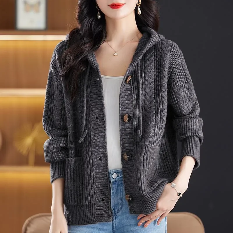 الخريف نمط سترة محبوكة بأكمام طويلة المرأة فضفاضة مقنعين البنطال القصير سترة سميكة سترة عادية #2