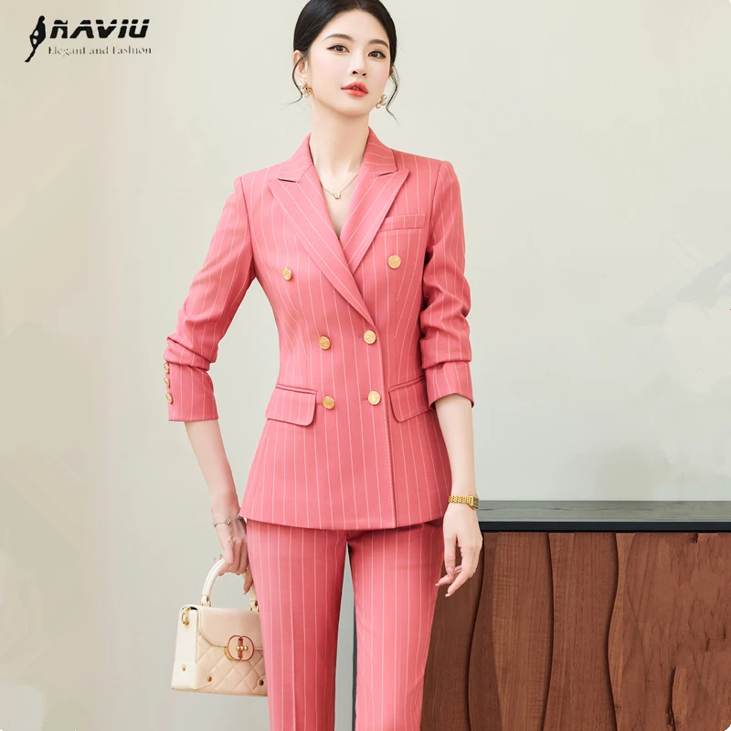 

NAVIU Pink Green Stripe Women Pant Suit Female High End New Formal 2 Piece Set Office Ladies Work Blazer And Trouser New 2026