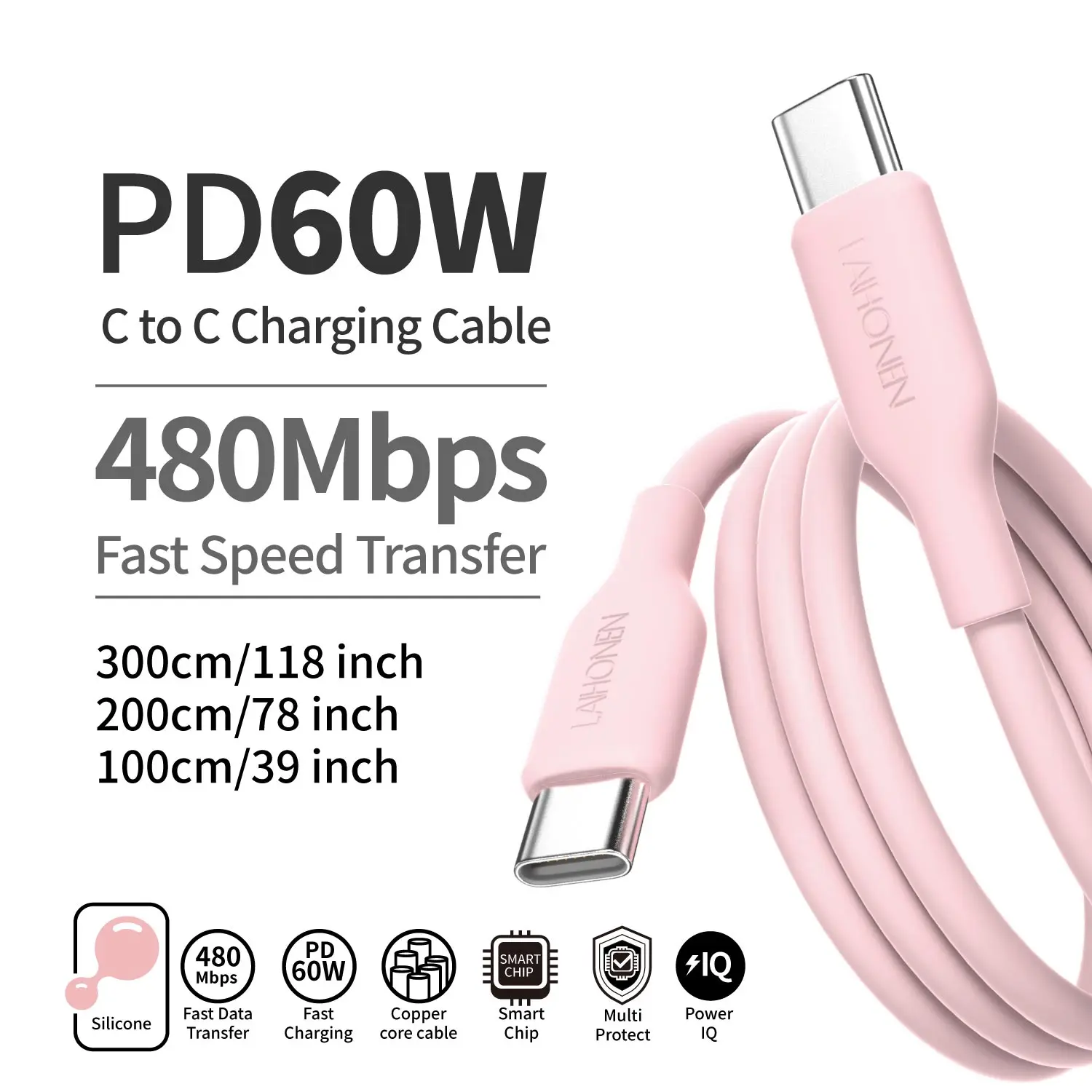 60W USB-C Fast Charging Cable, Silicone Wire, for iPhone 15/16/17,iPad Pro, Galaxy S24 S23, Switch, MacBook Air, Pixel