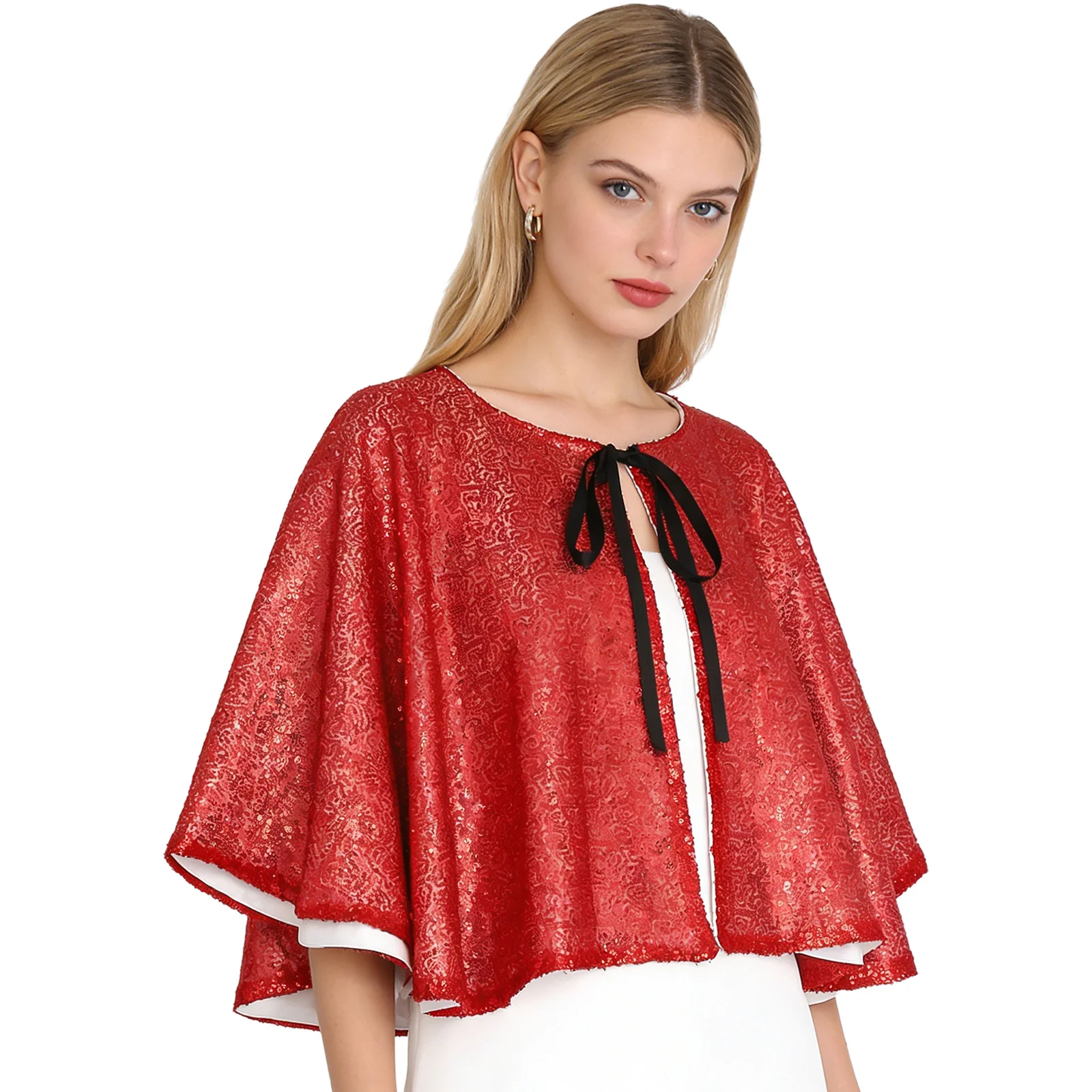 Women Shiny Sequin Tie-up Style Bolero Shawl Paillette Halloween Carnival Party Cosplay Cape Evening Dress Formal Shrug Cloak