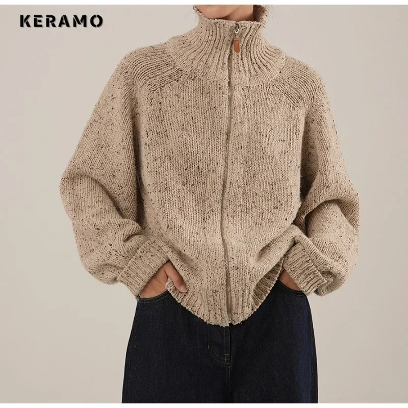 

Casual Zipper Sweater Women Vintage Solid Color Jumpers 2023 Winter Fashion Knitting Long Sleeve Turtleneck Loose Cardigans