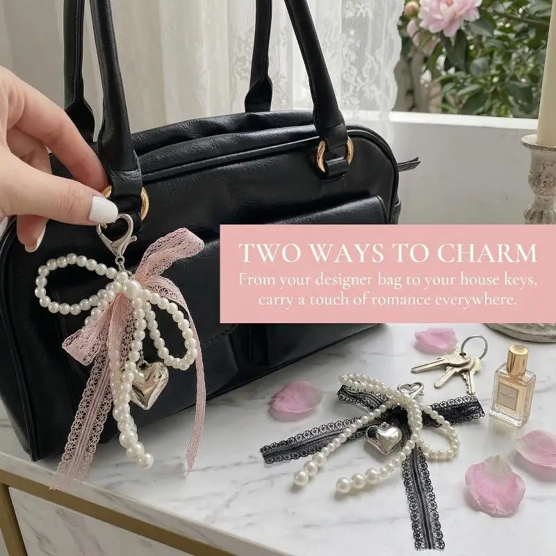 1Pcs Sweet Lace Bow Beaded Bow Keychain Phone Charm Strap Pendant For Phone