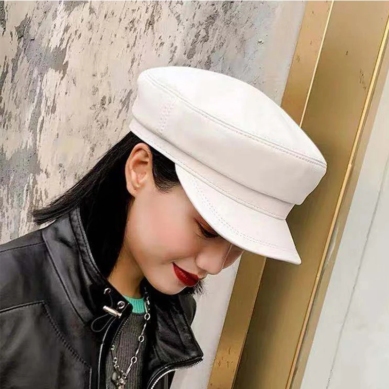 Military Hat Men Women European/American Fashion Genuine Leather Caps Male Casual White/Black Flat Top Navy Army Hat