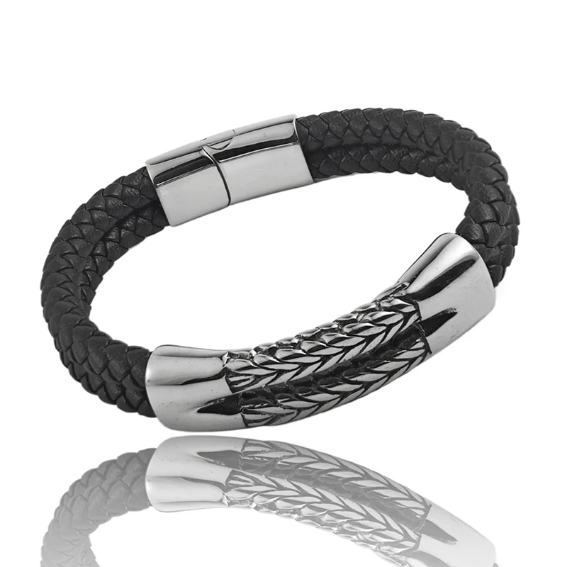 Luxuriöses Retro Doppel-Lederarmband für Herren Kubanische Kornstruktur Ohrförmige Kette Armband Edelstahl Schmuckarmband Geburtstagsgeschenk – Detail 4