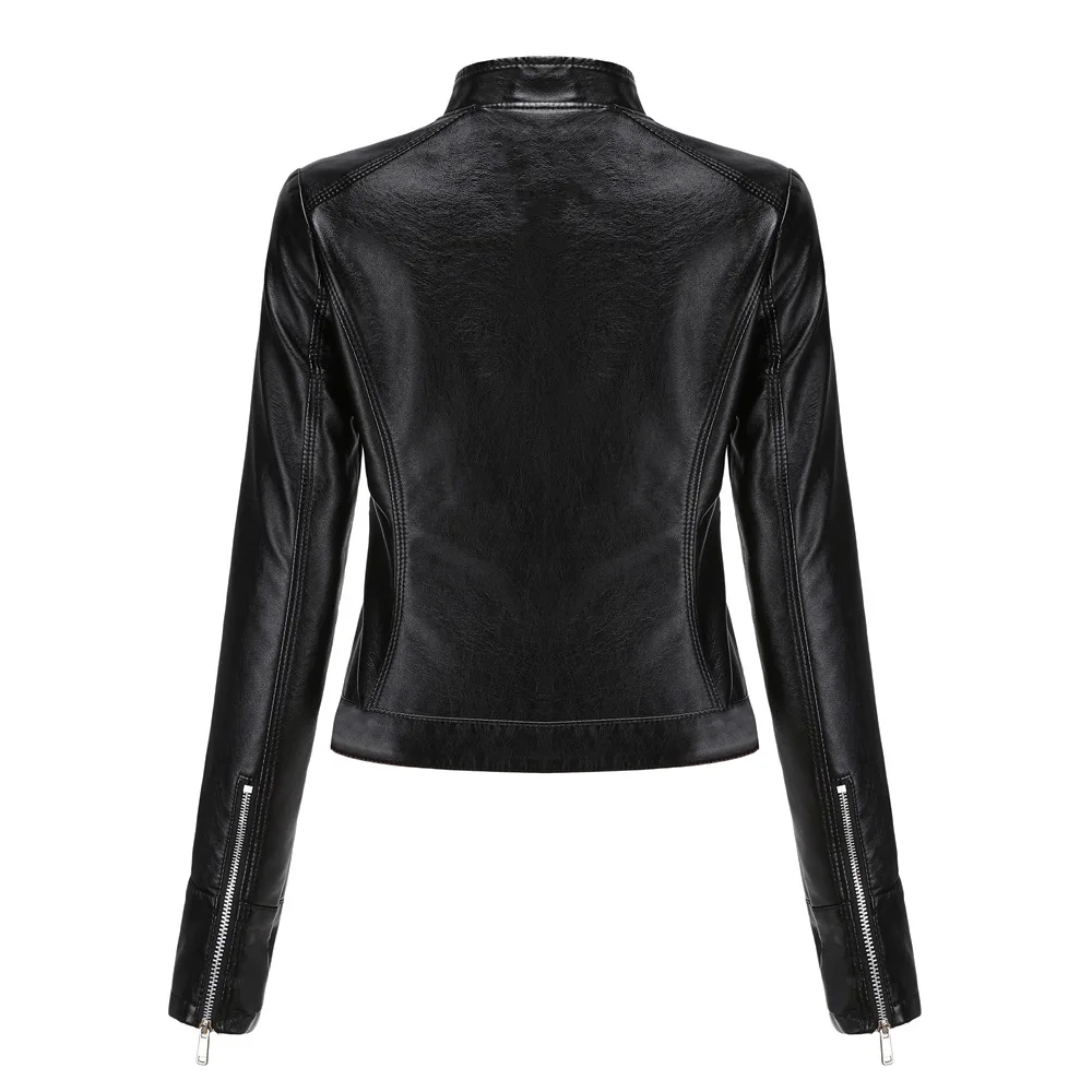 Motorcycle Leather Jacket for Women, Short Zipper, Standing Collar, Thin, Black high-quality zipper outdoor leather top 2025