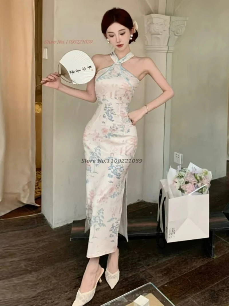 

2025 oriental nightclub dress improved off shoulder cheongsam flower print sleeveless qipao hollow out dress bodycon qipao dress