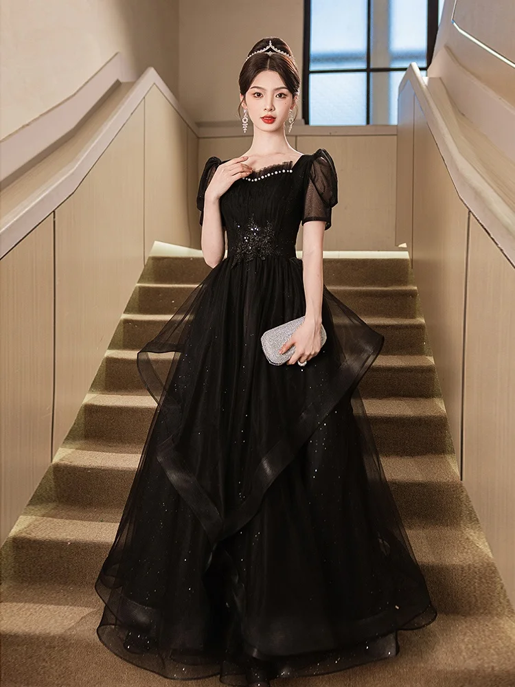 

Ele Bla Evening Gown Prince Sle Sequin Detail mid Waist Long Dr for Host Art Exam Banquet Performance