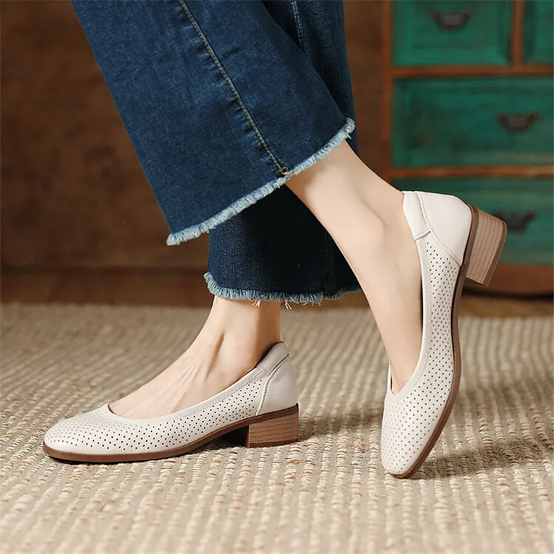 2023 New Fashion Hollow Out Women Pumps Square Toe Summer Shoes Chunky Heels Genuine Leather Shoes for Women Handmade Loafers