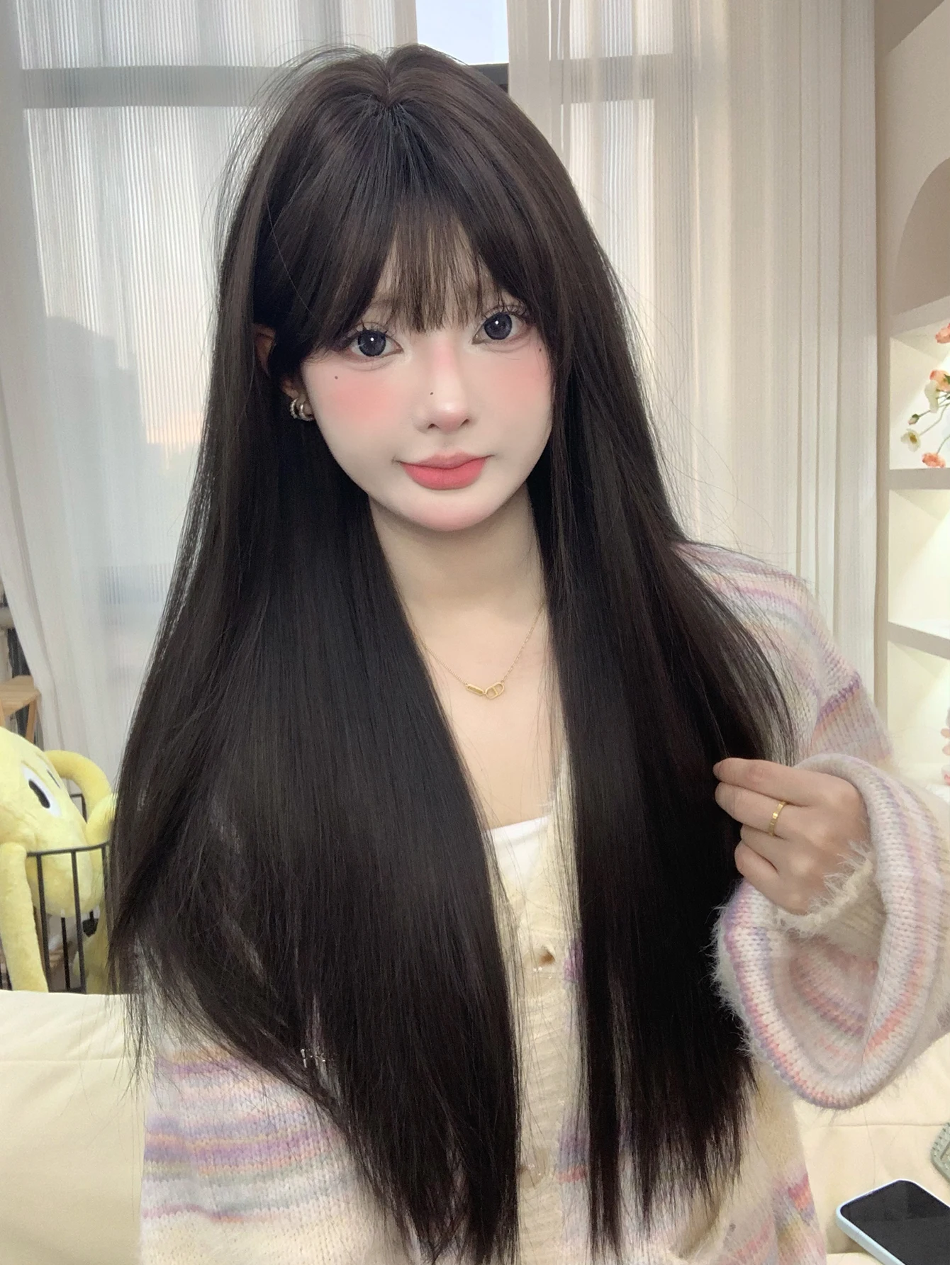 30Inch Black Pretty Girlish Synthetic Wigs With Bang Long Natural Straight Hair Wig for Women Daily Use Cosplay Heat Resistant