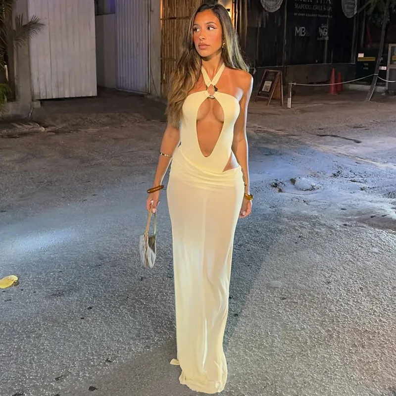 STYLISH LADY Solid Cream 2 Piece Set Halter Cut Out Bodysuit High Waist Ruched Maxi Skirt Set Women Nightclub Evening Outfits
