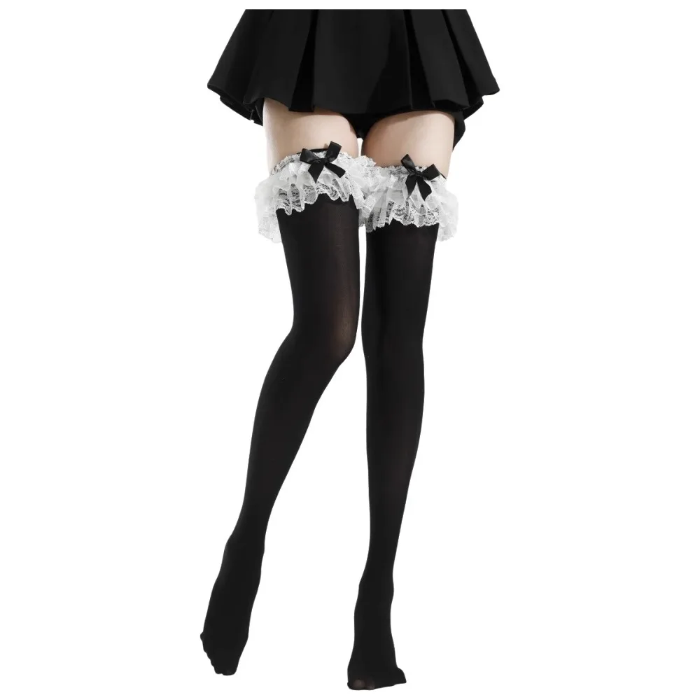 Ruffled Lace Trim Thigh High Stockings Bow Smooth Finish Lace Top Stockings Elastic Top Over Knee Hosiery Fashion Outfits