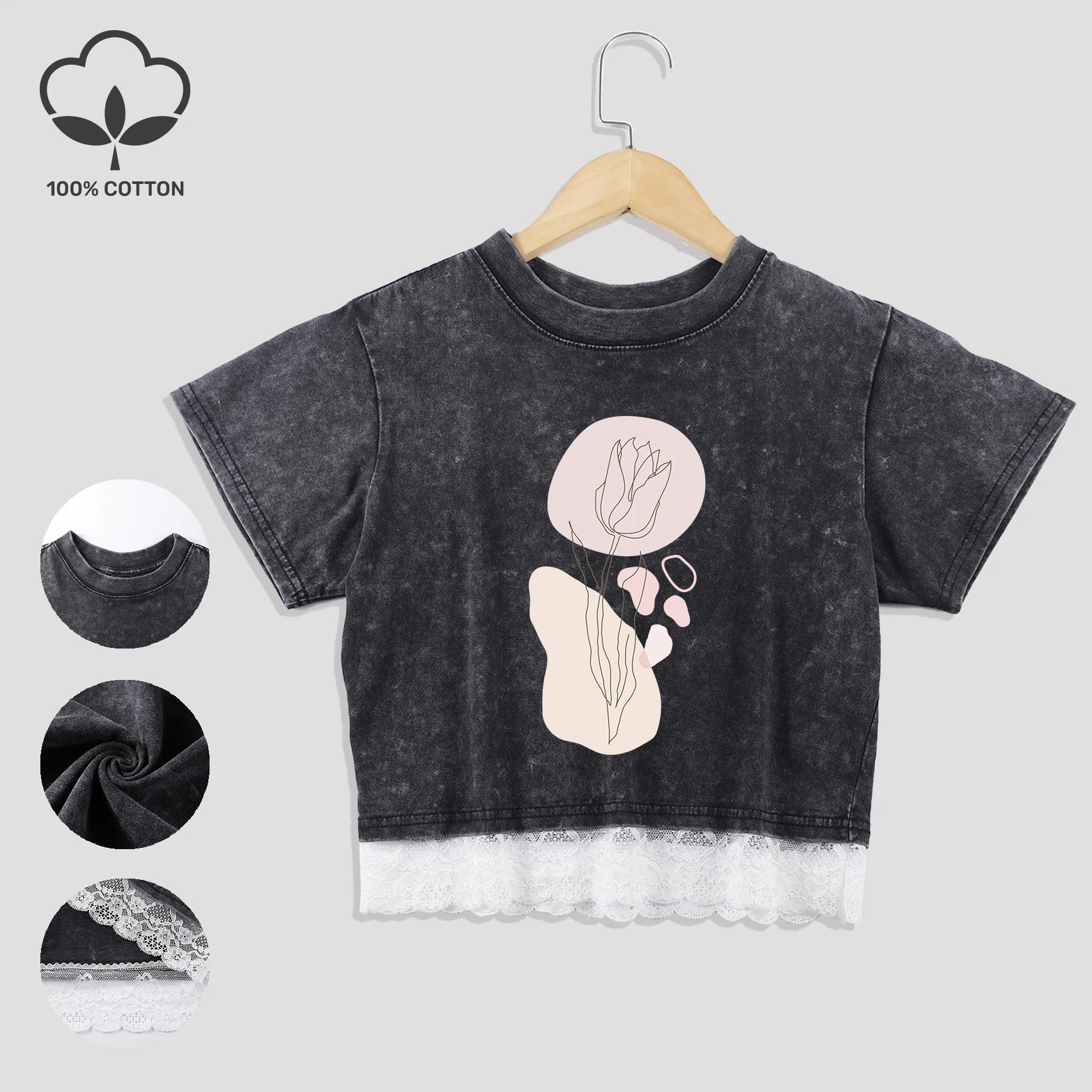 

Blooming Beautiful Flowers Printed Washed T-Shirts Female Cotton Crop Tops Fashion Lace Tee Retro Soft Summer Creative Clothes