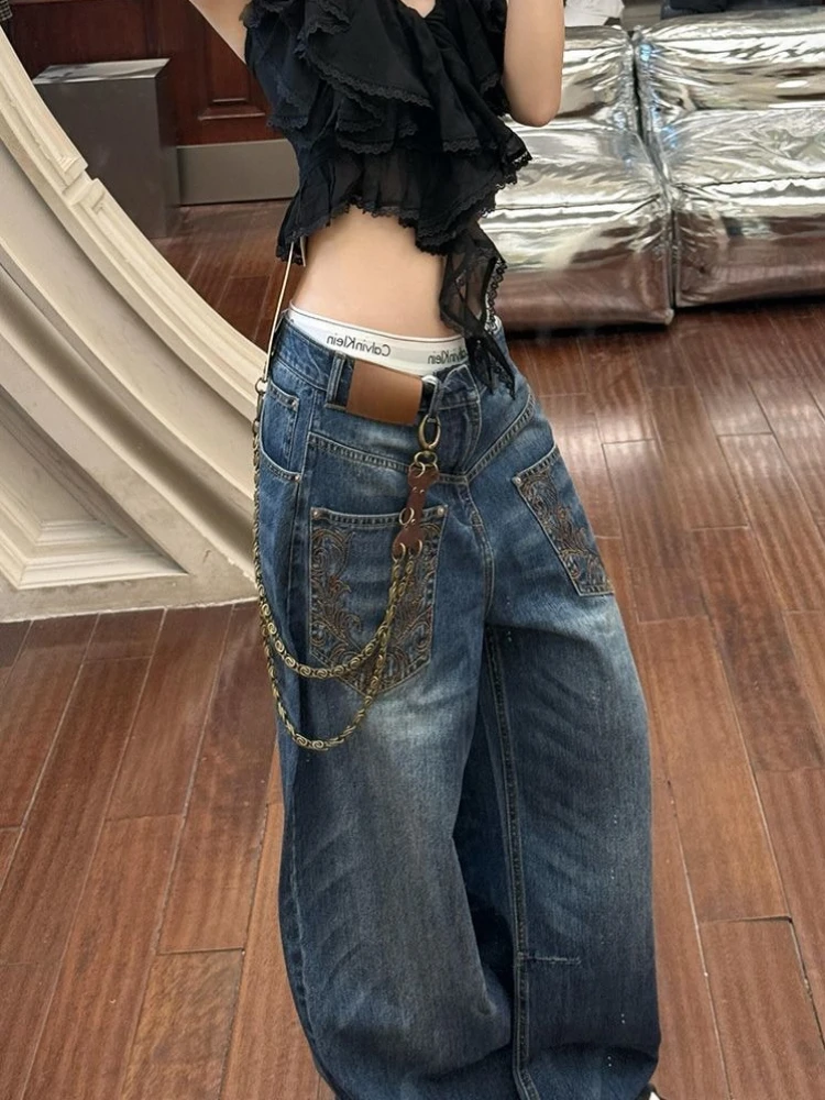 هوتشو خمر Y2k الجينز النساء الهيب هوب الأزرق فضفاض المتعثرة سراويل جينز التطريز شارع العليا الجرونج الرجعية واسعة الساق الجينز