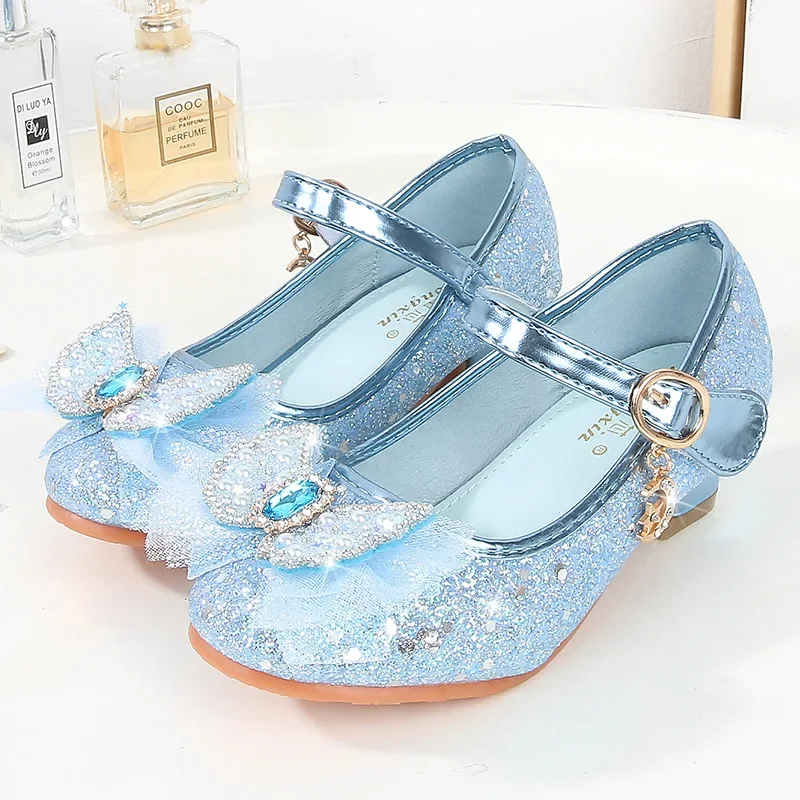 

Luxury Girls Princess Leather Shoes Spring Autumn Children High Heels for Wedding Party Fashion Sequins Kids Causal Dress Shoes