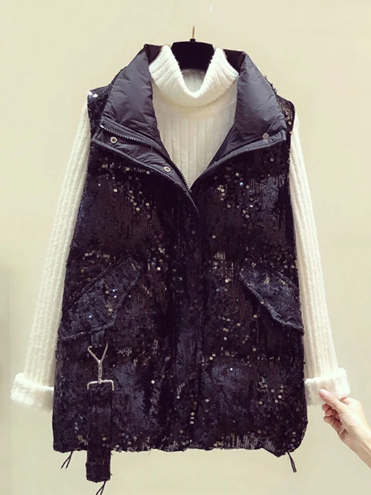 Autumn Winter New Sequins Waistcoat Vest Fashion Casual Medium Length Zipper Big Pocket Sleeve Vest Jacket Women