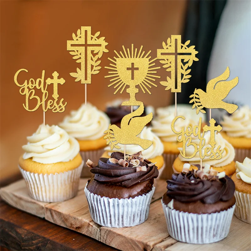 YOMDID 24 Stück Cupcake-Topper mit Kreuzmotiv, glitzernde Cupcake-Picks mit Klebepunkten für Taufe, Feier, Geburtstagskuchen, Dekoration – Detail 9