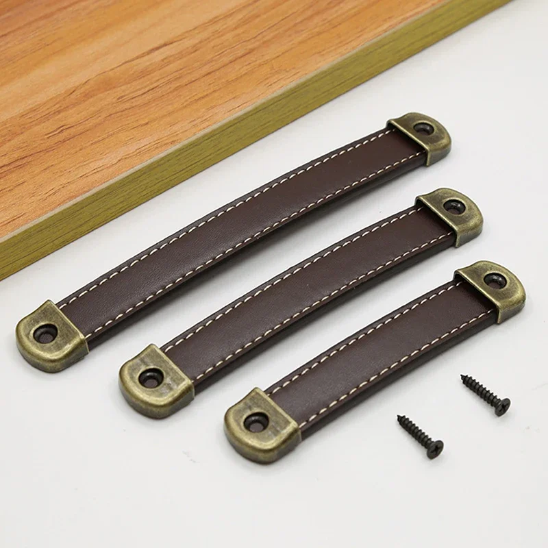 Furniture Handles Wardrobe Drawer Door Pull Leather Kitchen Cabinet Hardware Wooden Crate Gift Box Leather Handles