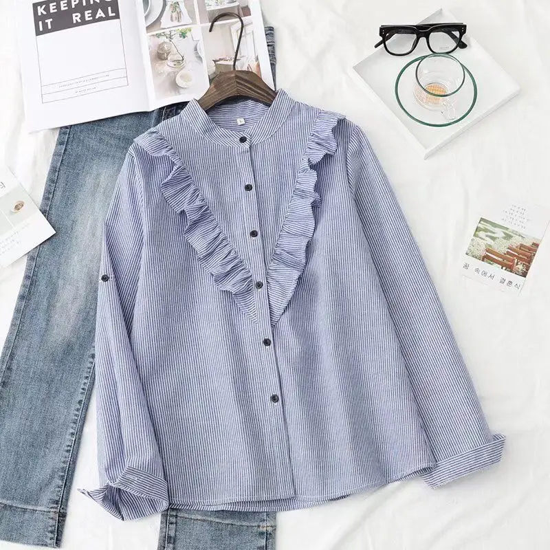 

New Spring Style Standing Collar Ruffle Vertical Striped Slim Long-sleeved Shirt for Women