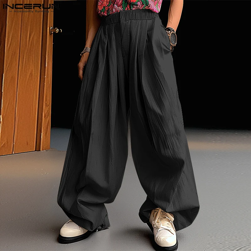 

INCERUN 2024 Korean Style Pants Fashion New Men Simple Loose Wide Leg Pantalons Casual Streetwear Solid All-match Trousers S-5XL