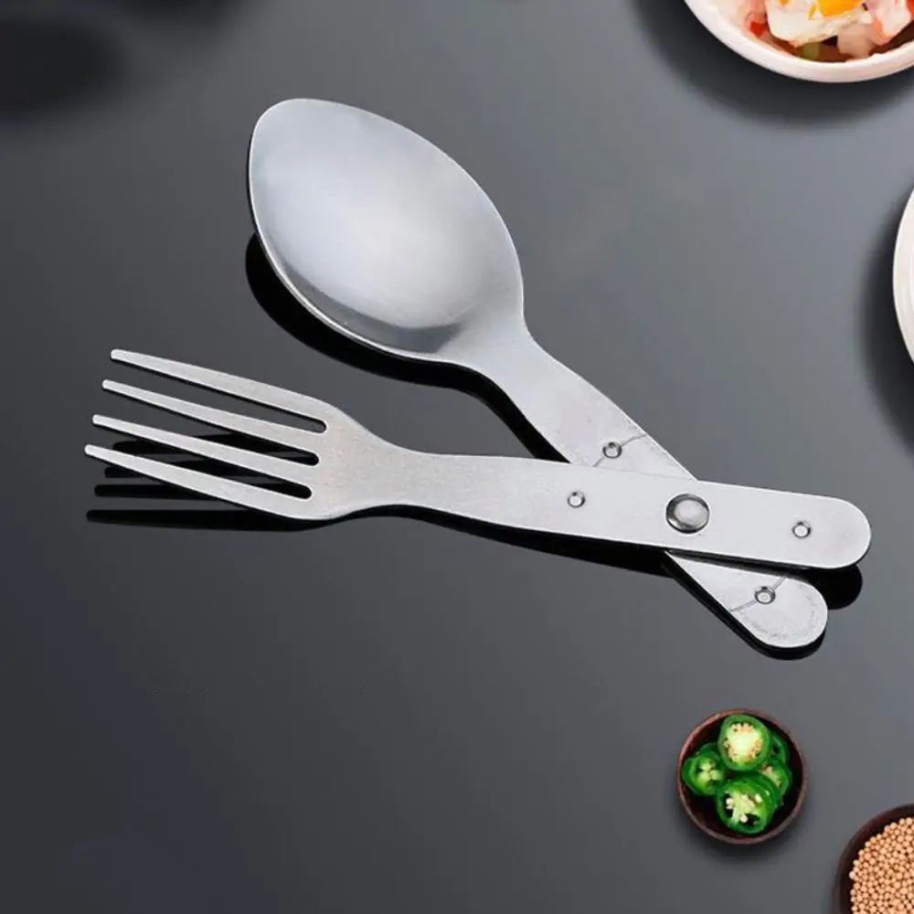 2-in-1 Foldable Fork Tableware Portable Silver Spoon & Fork Space-saving Camping Spoon Outdoor 304 Stainless Steel