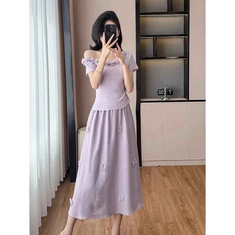 

Women Gentle Elegant Two Piece Outfit Summer Off Shoulder Floral Top High Waist 3D Flower Midi Skirt Set