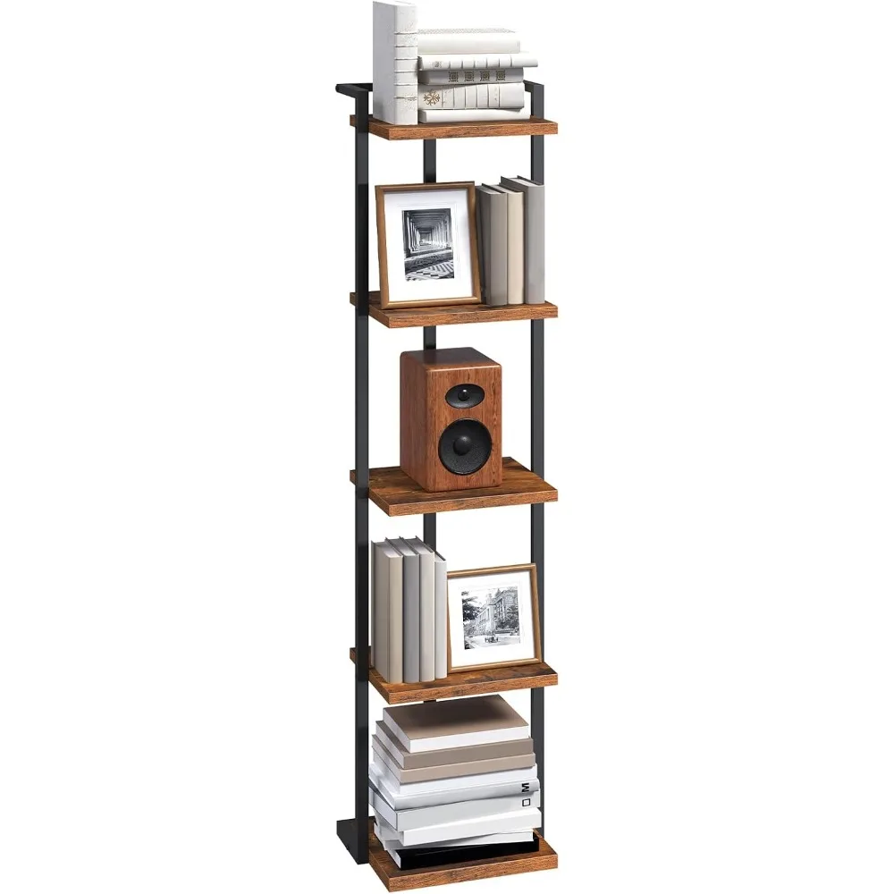 

Bookshelf, 5-Tier Bookcase, Vertical Tall Narrow Book Shelf for Small Space, Open Storage Display Shelf with Stable Base & Anti-