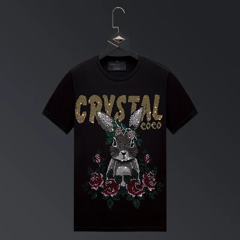 

Cartoon Rabbit Rhinestones T Shirts Men Summer Clothes Fashion Streetwear O Neck Short Sleeve Thin Cool Elastic Cotton T-shirts