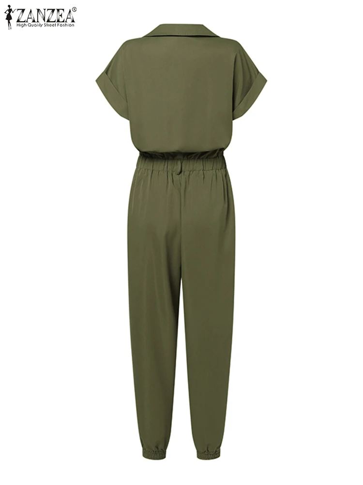 Mode Dames Elegante Cargobroek Vintage Effen Werk Rompertjes 2023 Zanzea Zomer Revers Hals Korte Mouw Jumpsuits Lange Playsuits