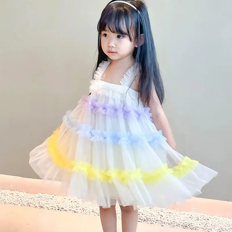 Summer Spaghetti Strap Dress Girl Tutu Skirt Sweet Cute Mesh Puff Skirt Pleated Soft Princess Dress Birthday Party Evening Dress