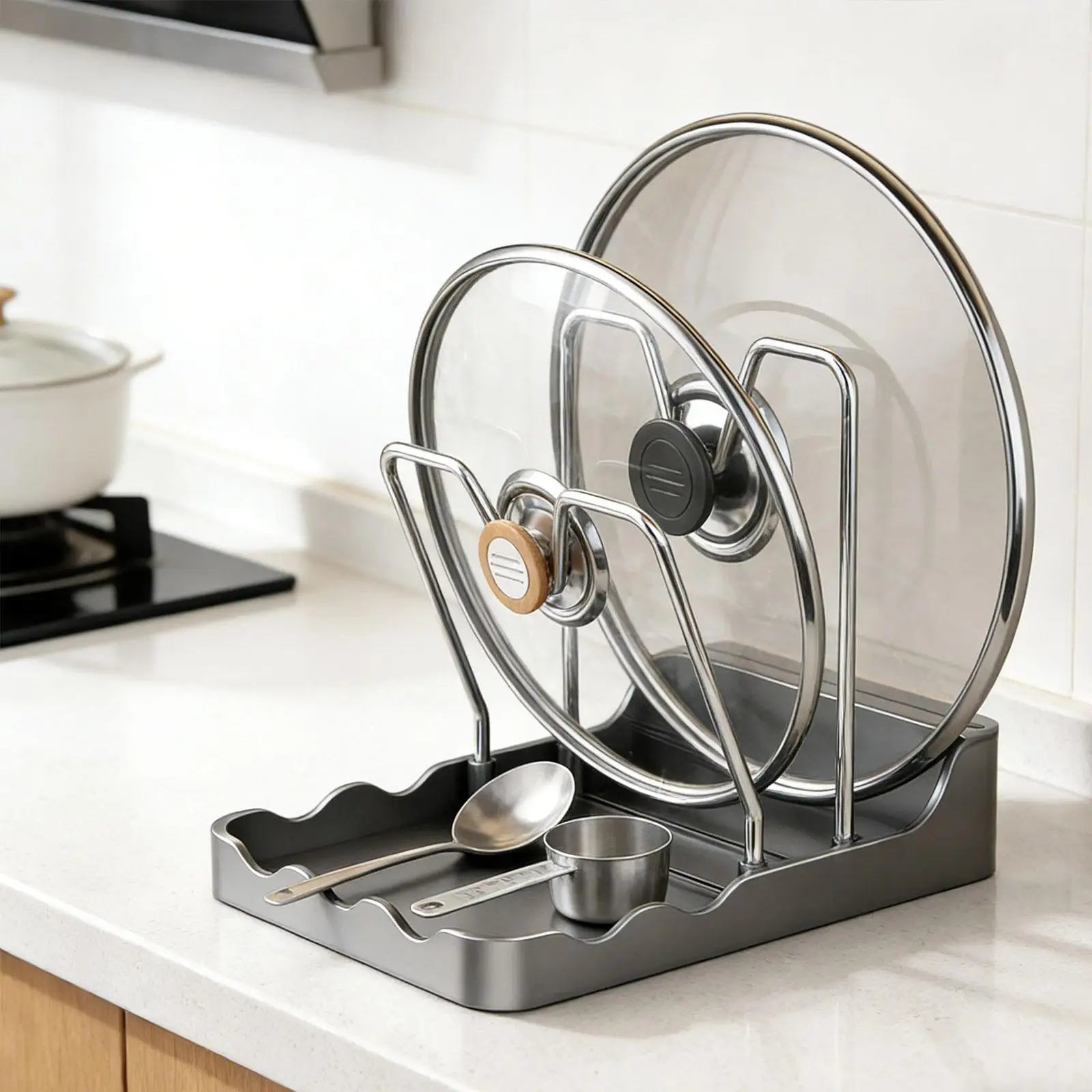 Pot Lid Holder Spoon Rest Easy to Clean Multifunctional Space Saving Practical Utensils Rack Lid Rack for Kitchen Counter