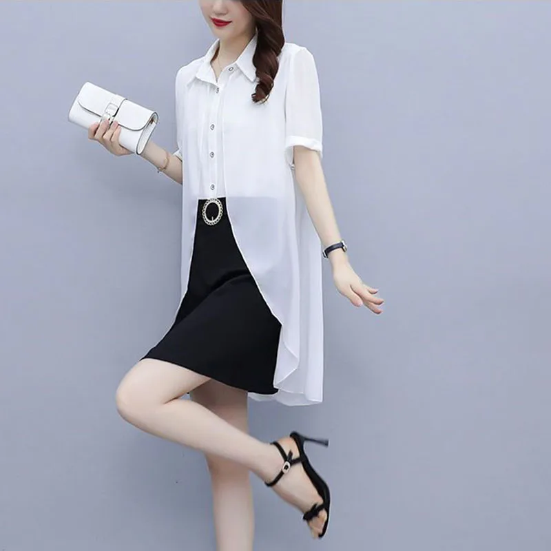 Summer New Loose Fake Two-piece Elegant Dress Ladies Chiffon Stripe Stitching Slim Slimming Casual Skirt Female Tide.