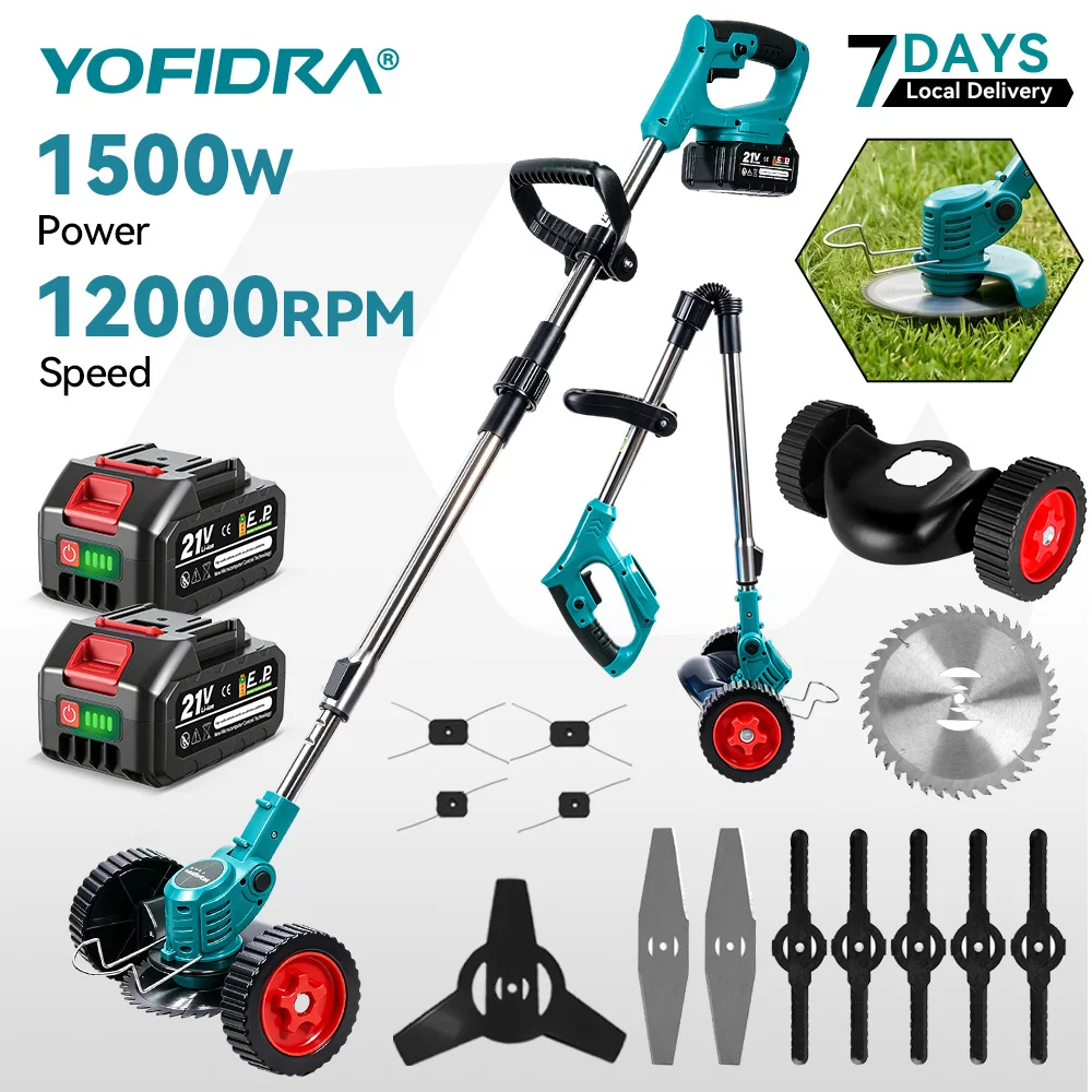 Image of YOFIDRA Elektrischer Rasenmäher 1500W 100-135cm Kabelloser Faltbarer Trimmer Schneid- und Trimmschere Gartenwerkzeug für Makita Akku