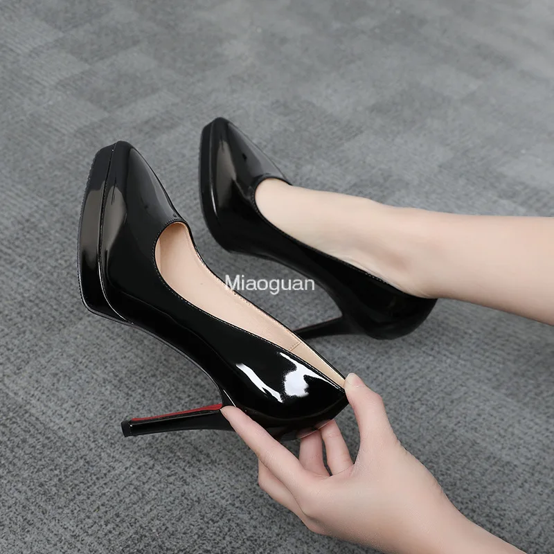 

10cm/12cm Nude Sexy High Heel Stiletto Pointed Toe Patent Leather Single Shoes Woman Party Catwalk Platform Ladies Pumps Size 39