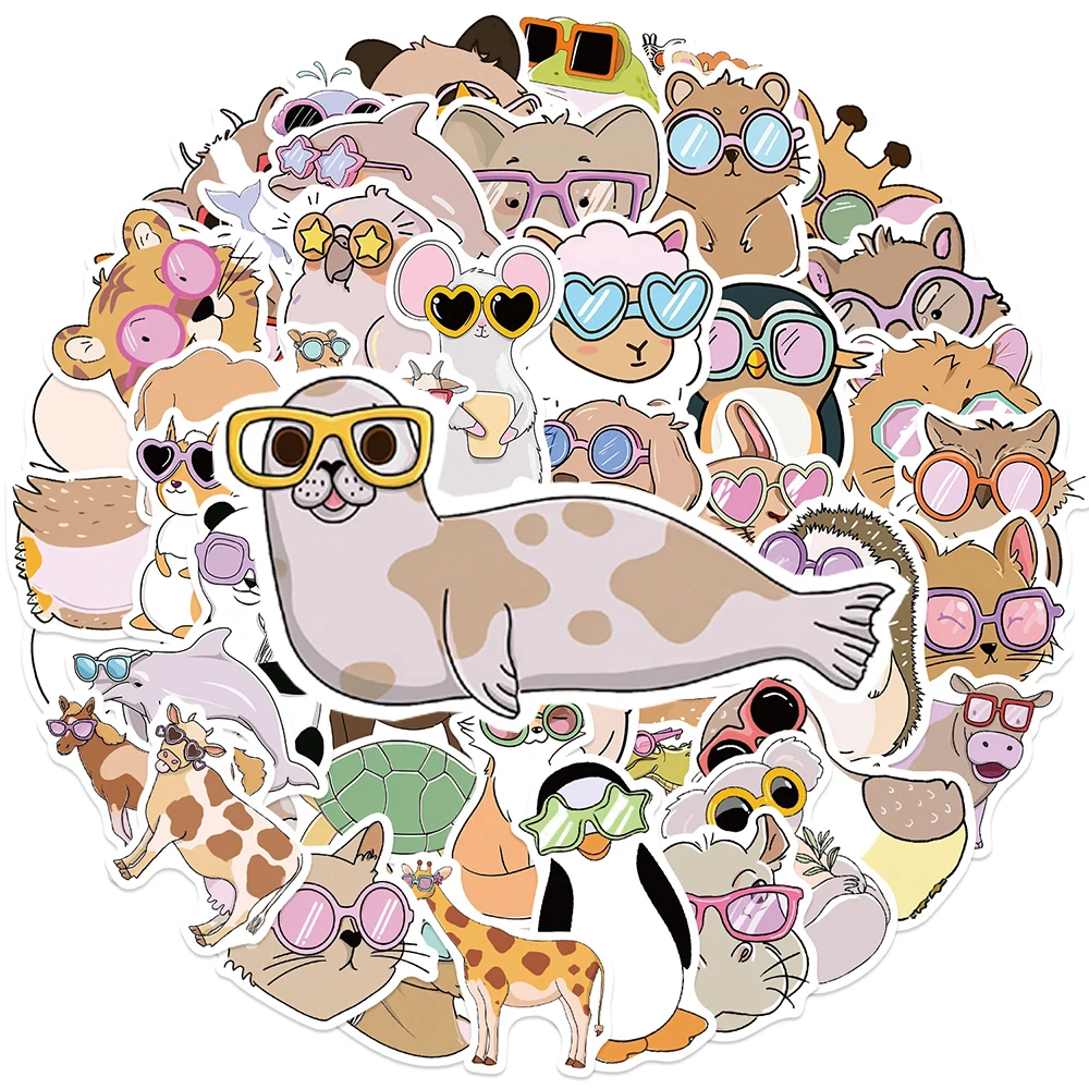 

10/30/50pcs Funny Cartoon Animal With Glasses Stickers Waterproof Graffiti Luggage Laptop Dairy Cute Decoration Sticker for Gift