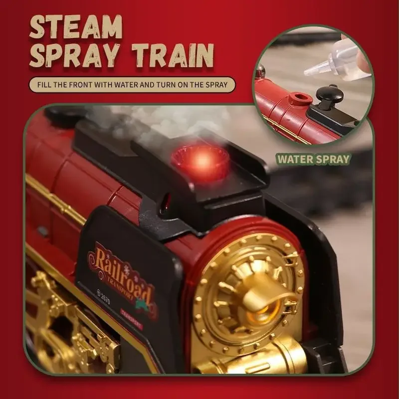 คริสต์มาสชุดคลาสสิกรีโมทคอนโทรลขนาดเล็กรถไฟไฟฟ้า Steam Track รถไฟรุ่นไฟเด็กวันหยุดของขวัญ