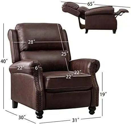 Pushback Recliner Chair Leather Armchair Push Back Recliner with Rivet Decoration Single Sofa Accent Chair , Reddish Brown