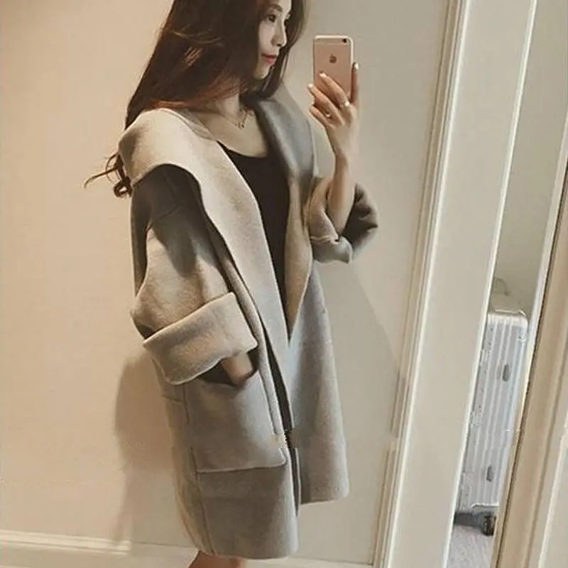 New Korean Style Autumn Winter Chubby Fashion Best Woolen Women Oversized Jacket Loose Medium Length Windbreaker Cardigan Hooded