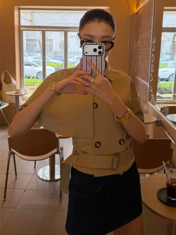 Jianjian Retro Detachable Khaki Color Coat Jacket Double Row Button Elegant Design Short Top Women's Fashion Spring Autumn