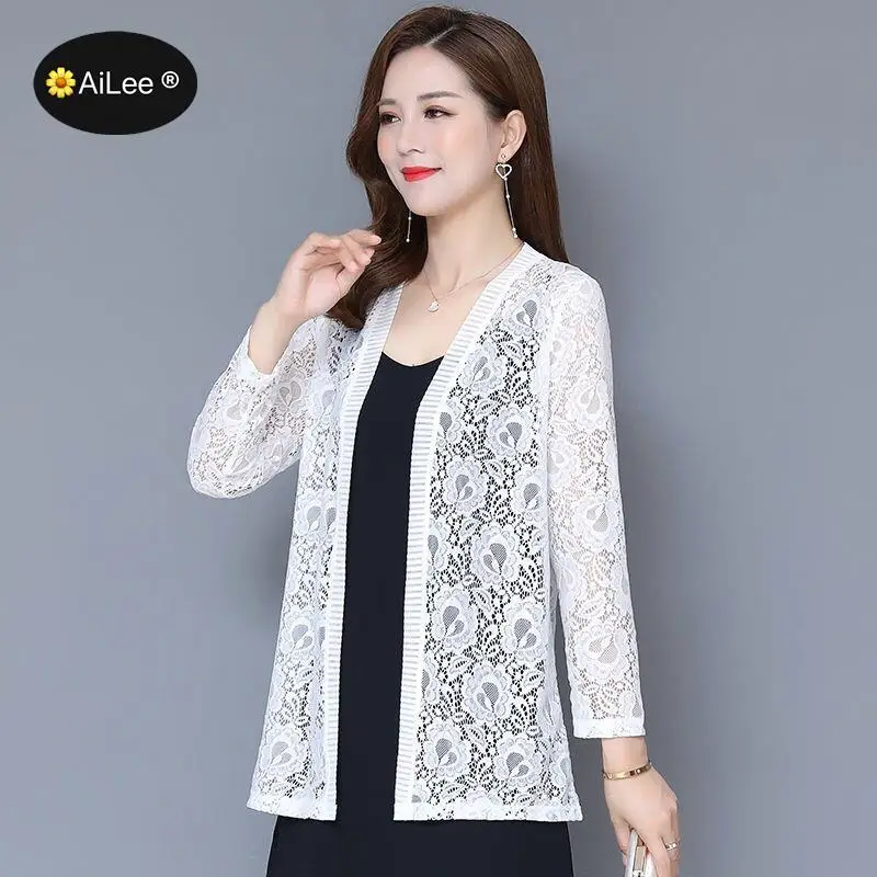 Cardigans en dentelle à manches longues pour femmes, pulls en Y minces, point ouvert, veste femme, manteau chic, dame de bureau, mode élégante, été