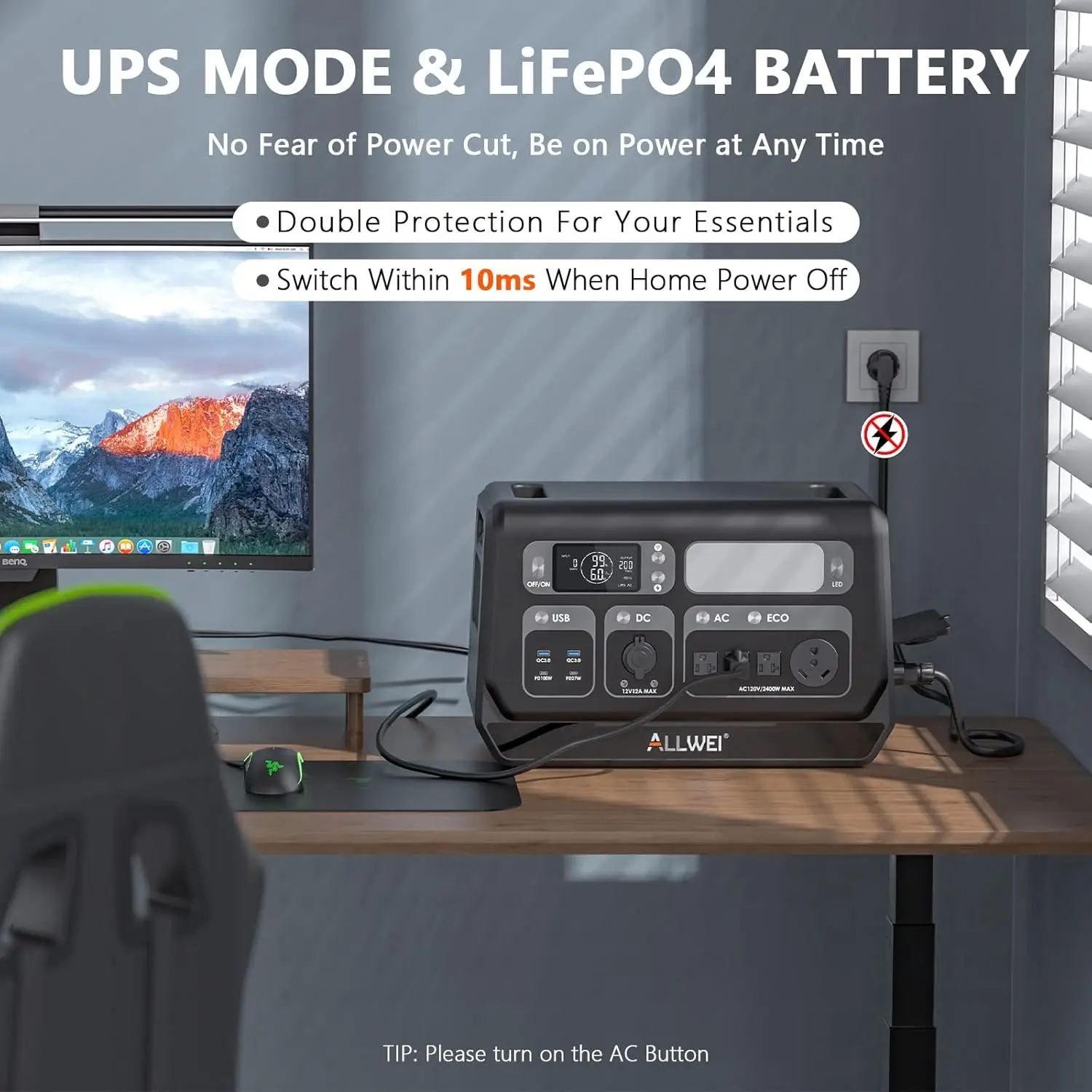 Portable Power Station 2400W, 2048Wh LiFePO4 Expandable to 10240Wh, Solar Generator with UPS, Full Charge in 1.5Hrs