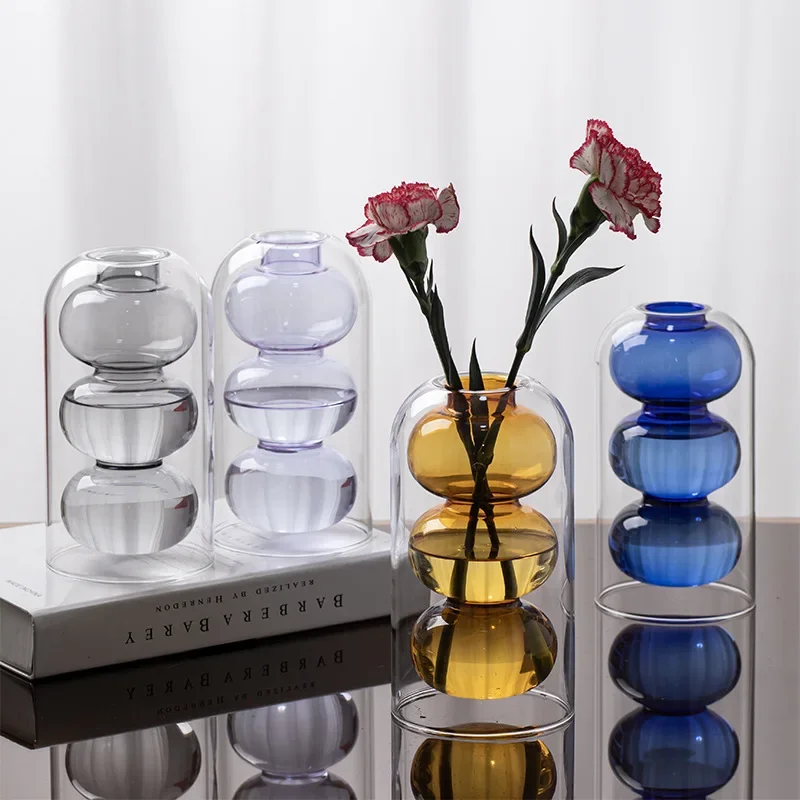 Colored Glass Hydroponic Flower Vase, Three-Layer Geometric Glass Floral Vase, Modern Bubble Glass Vase for Home Decor, Wedding