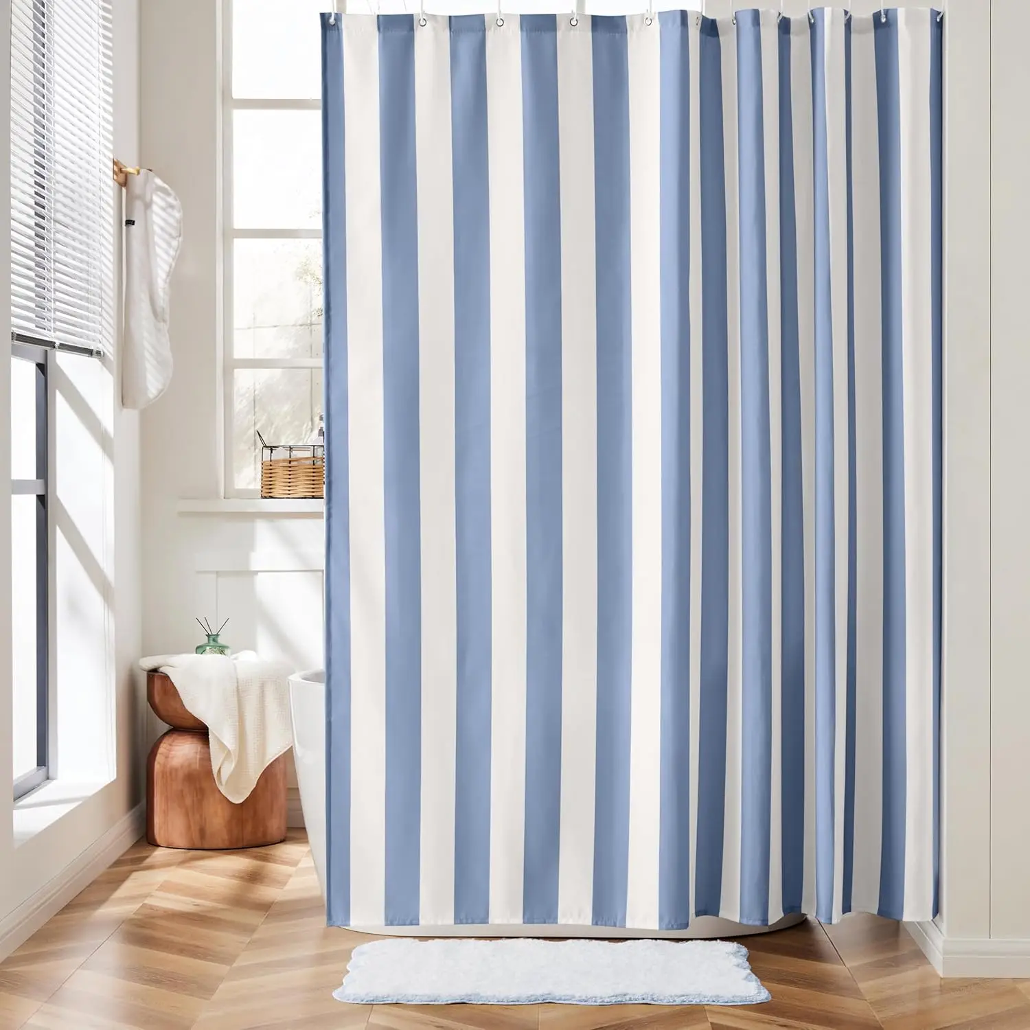 Modern Blue White Striped Shower Curtain, Minimalist Waterproof Mildew Resistant Curtain for Bright Home & Hotel Bathrooms