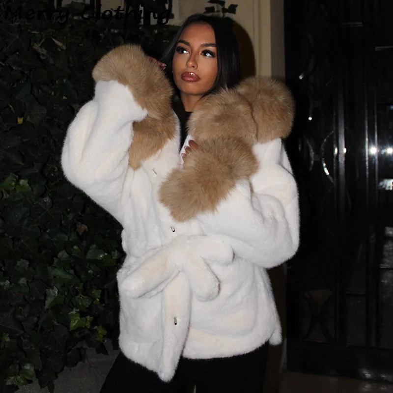 Dikker warme namaakbontjas voor dames Retro patchwork harige kraag mouw capuchon veterzak bovenkleding NIEUWE damesjassen