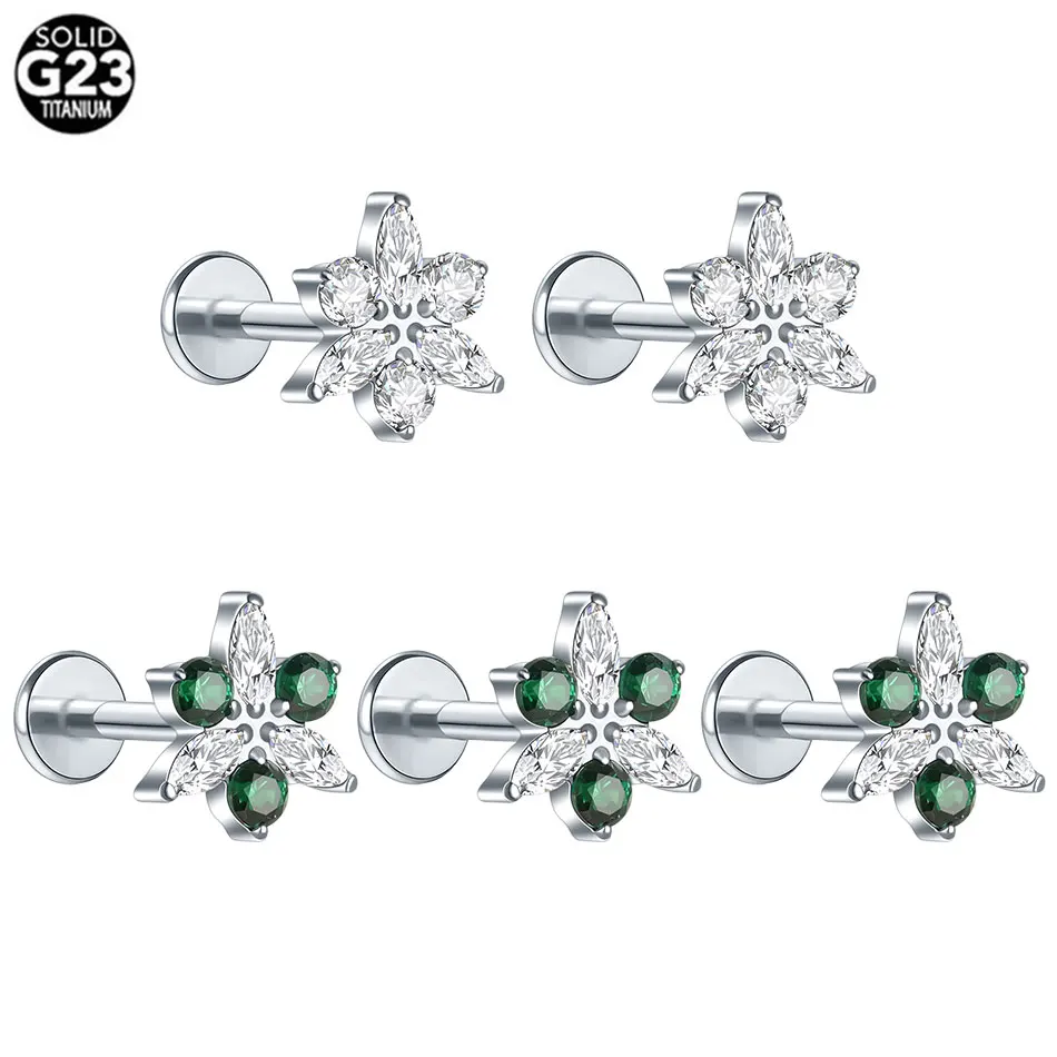 1/5 Unidades de Joyería para Piercings de Titanio ASTM F136 con Zirconia Cúbica Marquise y Zirconia 16G, tipo Labret Stud, para Cartílago, Nariz, Medusa, Lóbulo de la Oreja y Hélice