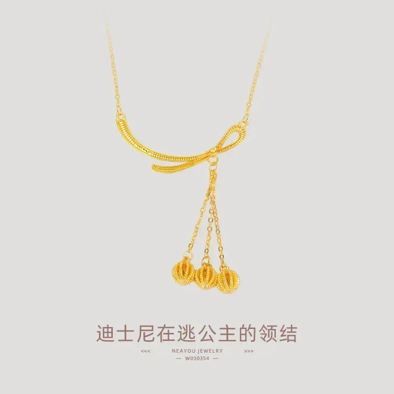 

9999 Real Gold 24K Tassel Small Gold Ball Collarbone Necklace Niche High-end Golden Temperament Princess Bow Tie Set Chain