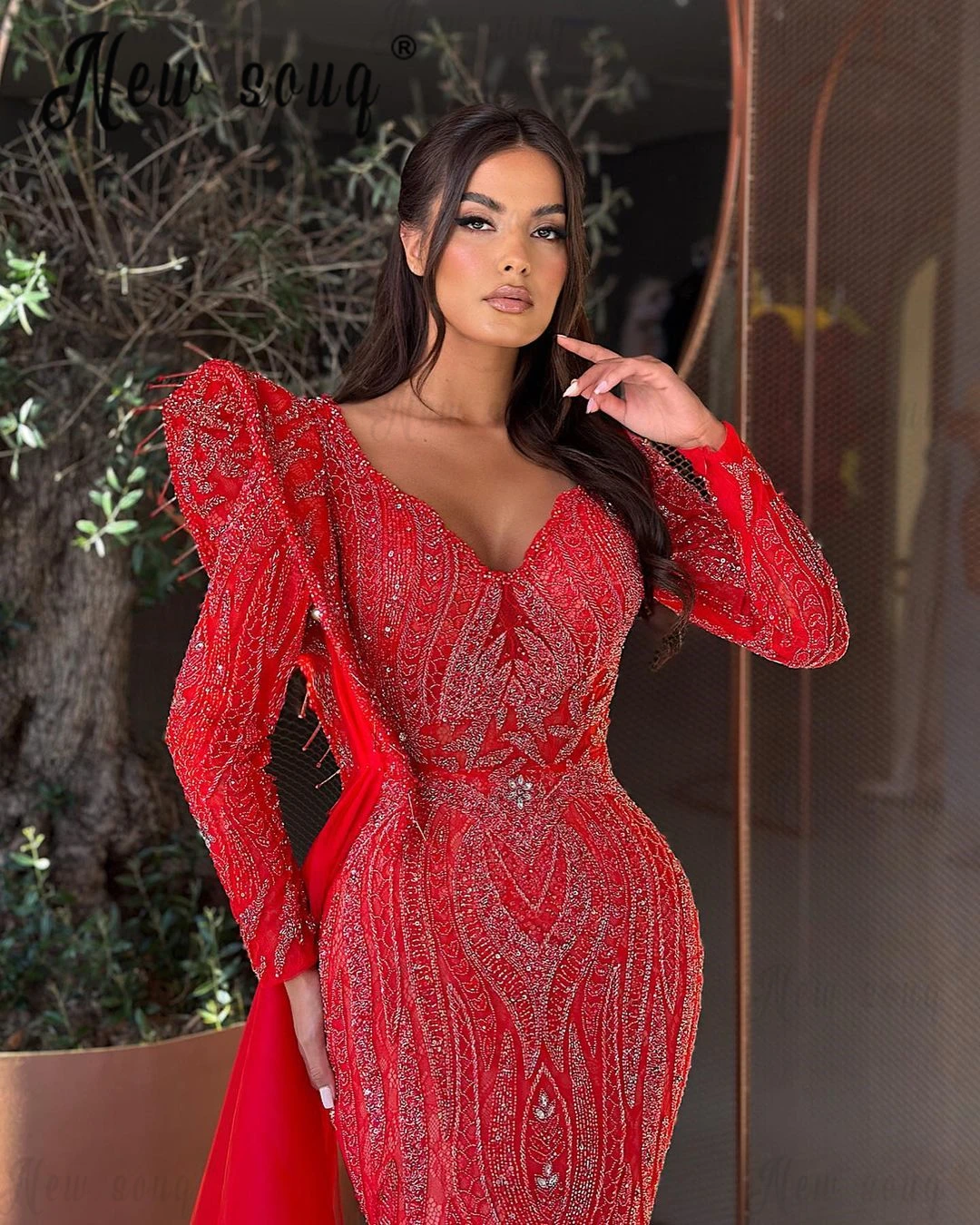 Vestido vermelho com decote em V profundo, trem lateral, beading, vestidos de baile árabes, casamento, luxo, 2022