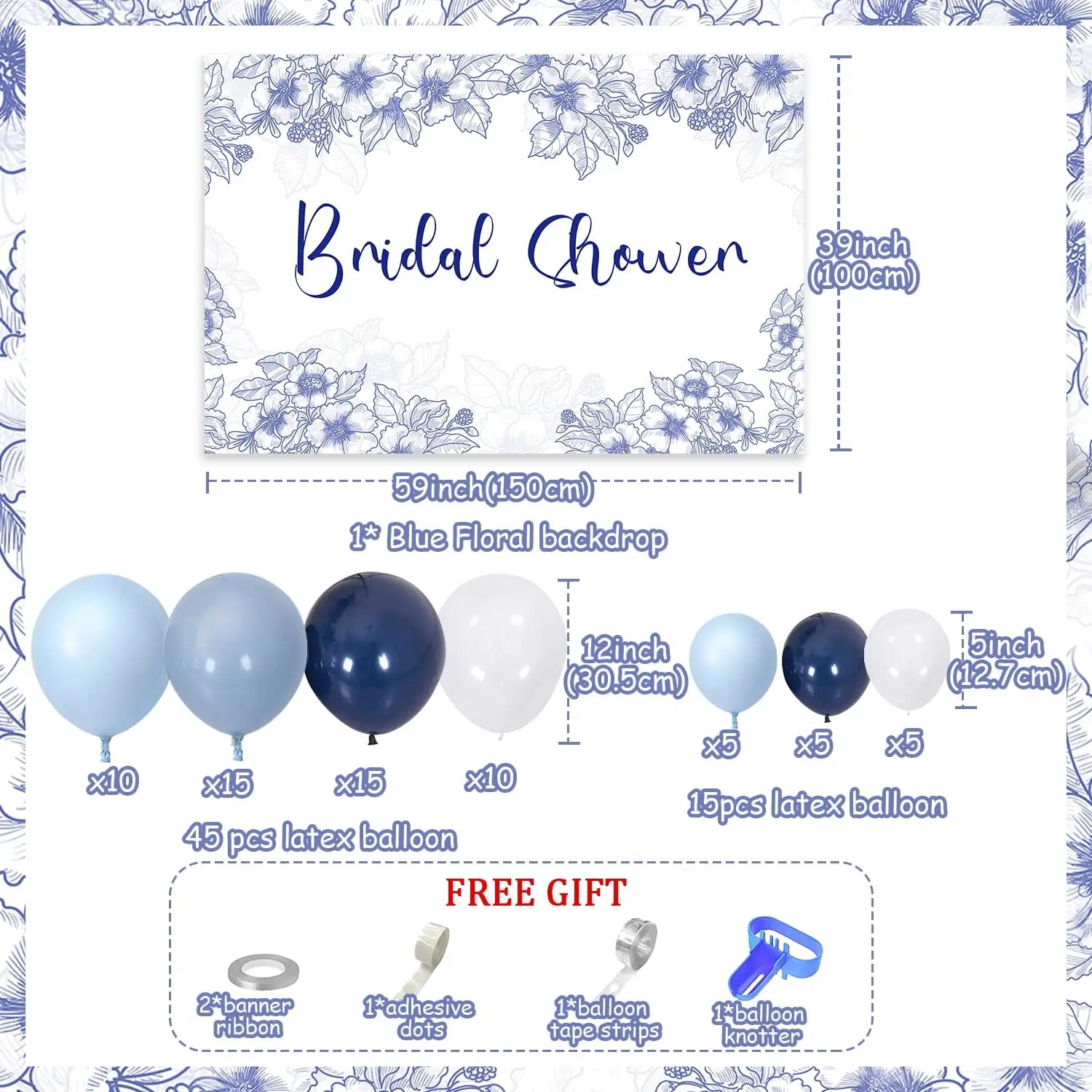 Blue and White Floral Balloon Garland with Backdrop for Wedding, Bridal Shower, Party Decoration Supplies