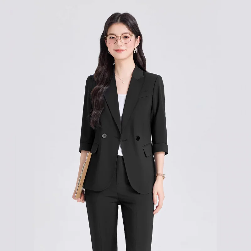 Light blue three-quarter sleeve blazer with a small suit collar, women's pants two-piece set, trendy cross-border foreign trade